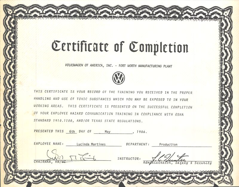 Certificate of Completion &mdash; Volkswagen of America, Inc., Fort Worth Manufacturing Plant, May 6, 1986